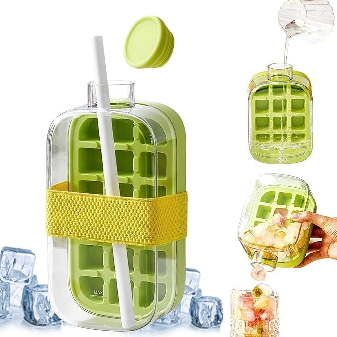 7AGAT 2-in-1 Ice Cube Maker box with colorful mold, built-in pouring spout, and easy release system for ice storage and making.