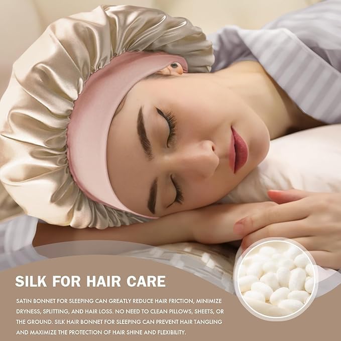 7AGAT satin sleep bonnet with wide elastic band, soft silk material, adjustable hair wrap for curly, frizzy, and delicate hair care.