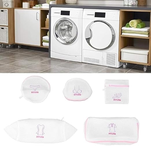 Set of 7AGAT mesh laundry bags in white with pink zippers, multiple sizes, designed for washing machine use.