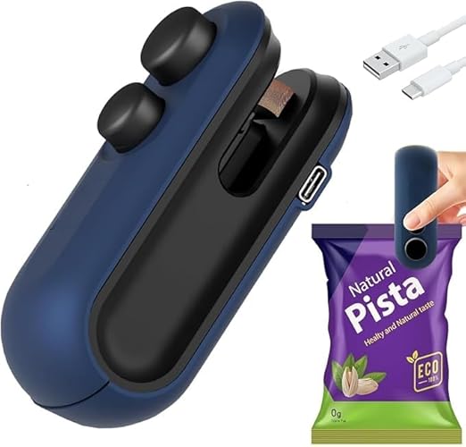 7AGAT 2-in-1 mini heat sealer and cutter with USB recharge, portable thermal bag sealer with magnetic back and multicolor design.