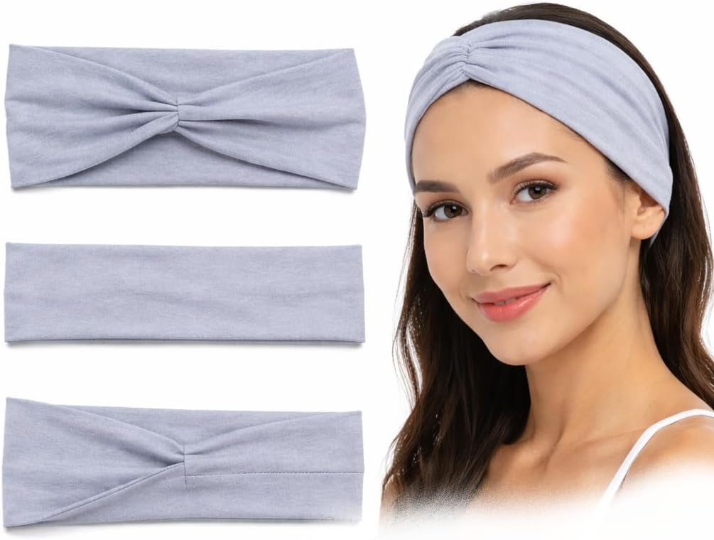 Set of three women's 7AGAT headbands with twisted knot, flat, and crossover styles, soft stretch fabric for yoga and daily wear.