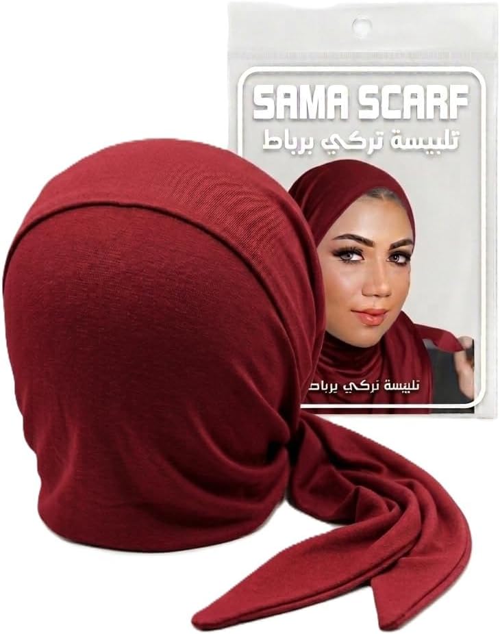 Turkish Sama scarf tie-back hijab bonnet by 7AGAT, non-slip adjustable under-scarf cap for women, shown in a natural fabric wrap style.