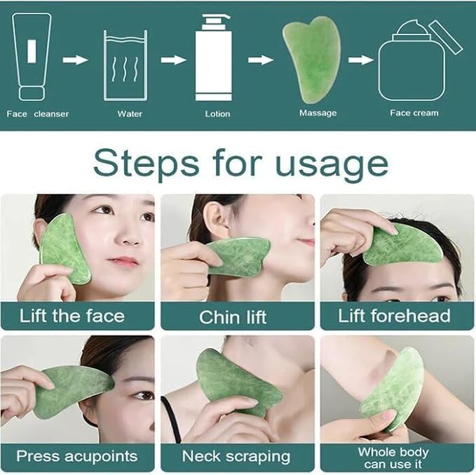 Natural jade roller and Gua Sha set from 7AGAT with double-sided facial massage tools for anti-wrinkle skin care.