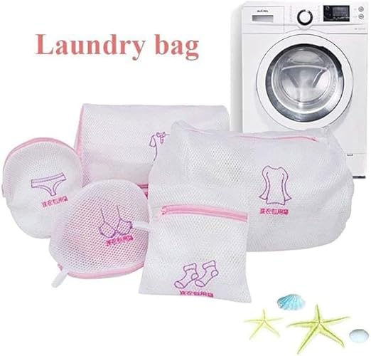 Set of 7AGAT mesh laundry bags in white with pink zippers, various sizes, designed for washing machine use.
