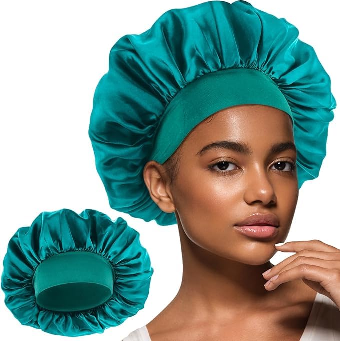 7AGAT satin sleep bonnet for hair protection, soft silk material with elastic band, ideal for curly and frizzy hair care.