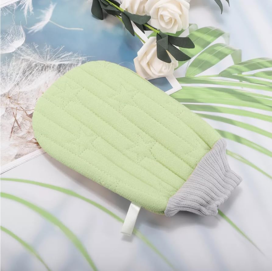 Double-sided exfoliating shower mitt from 7AGAT, a colorful body scrubber for deep cleansing and smooth skin.