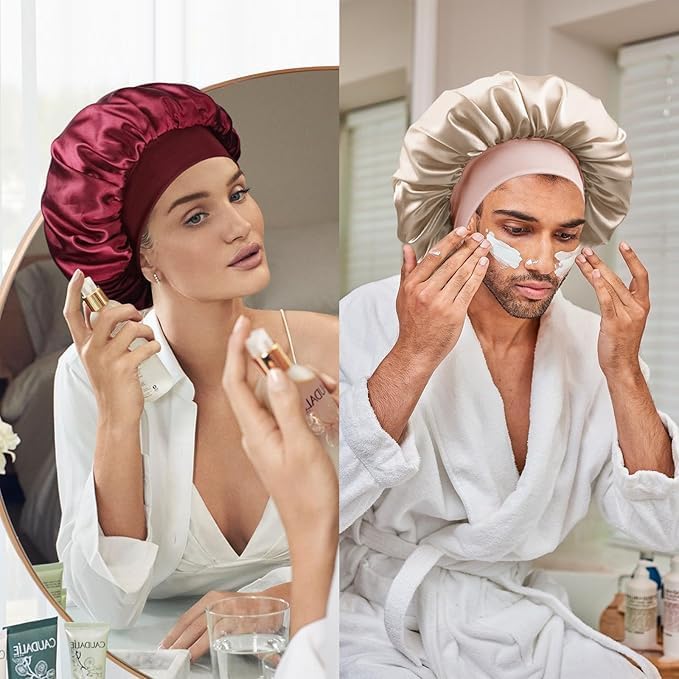 Soft silk satin sleep bonnet by 7AGAT, featuring wide elastic band and adjustable hair wrap for curly and frizzy hair protection.