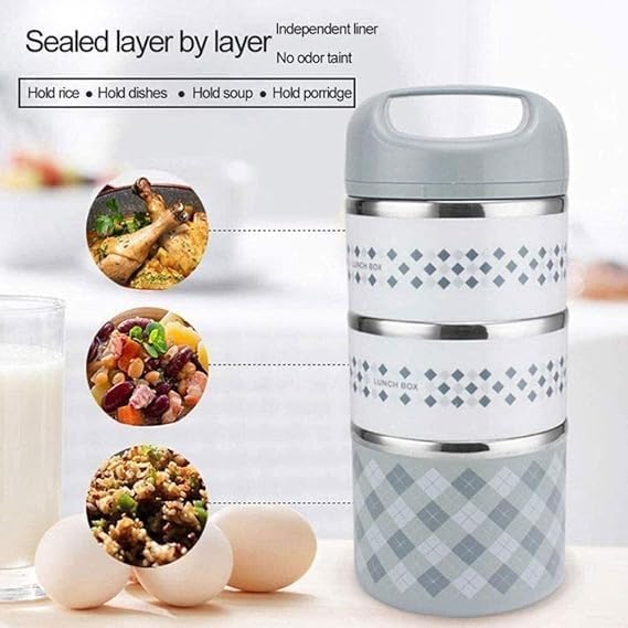 Sky blue 3-tier stainless steel insulated lunch box with checkered pattern and handle, ideal for thermal food storage by 7AGAT Shopping.