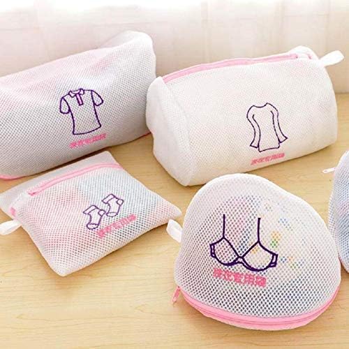 White mesh laundry bags with pink zippers in a 5-piece set, various sizes, for washing machine use by 7AGAT.