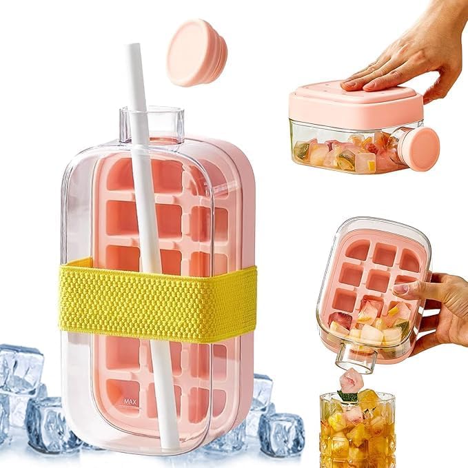 7AGAT 2-in-1 ice cube maker box with colorful design, built-in pouring spout, and easy release system for compact ice storage.