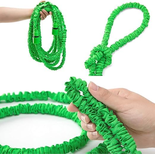 7AGAT expanding garden hose, lightweight and flexible, shown fully extended for easy watering and space-saving storage.