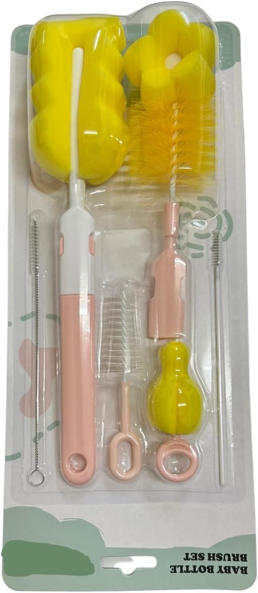 7AGAT 6-piece baby bottle cleaning brush set with straw cleaner, sponge, and bristle brushes in pink and yellow for thorough cleaning.