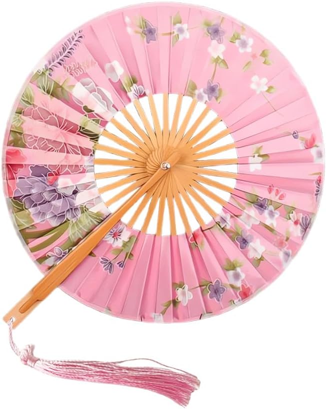 Traditional Round Folding Hand Fan – Vibrant Red with Floral Pattern (27 cm) & Decorative Wooden Stand, Elegant Accessory for Weddings & Dance.