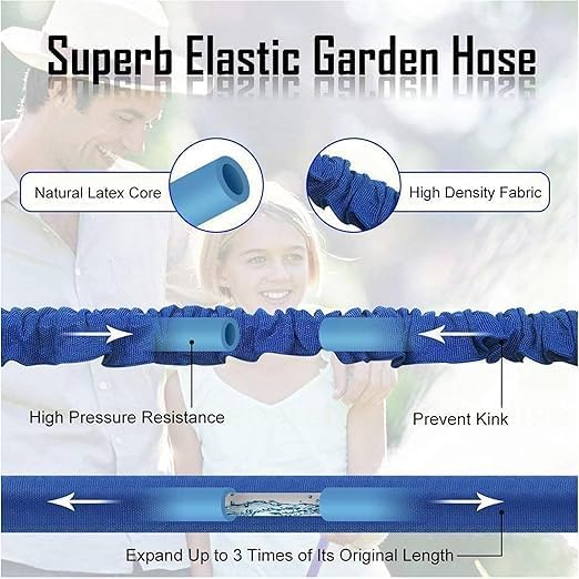 7AGAT expanding garden hose, lightweight and flexible, shown expanded and coiled for easy storage and garden watering use.