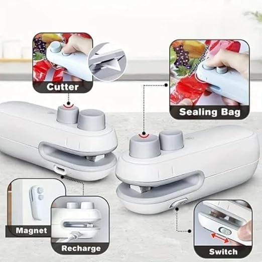 7AGAT 2-in-1 mini heat sealer and cutter with USB rechargeable battery, portable thermal bag sealer with magnetic back, multicolor.