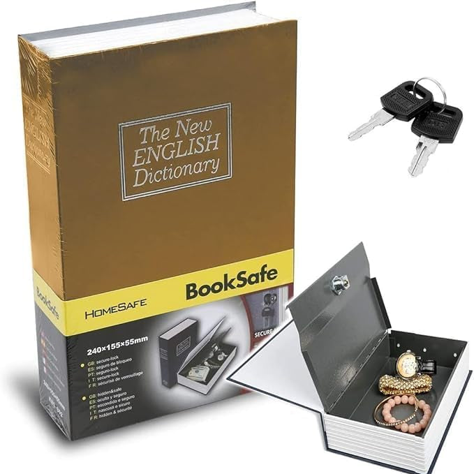 Book-shaped safe with keys, labeled 'The New English Dictionary BookSafe', on a white background.