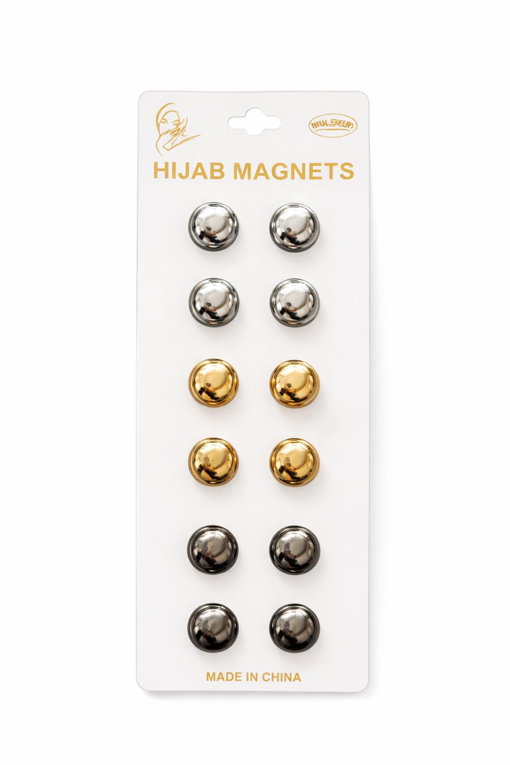 Six pairs of 7AGAT No-Snag Magnetic Hijab Pins set with fabric-safe scarf magnets on a white background.