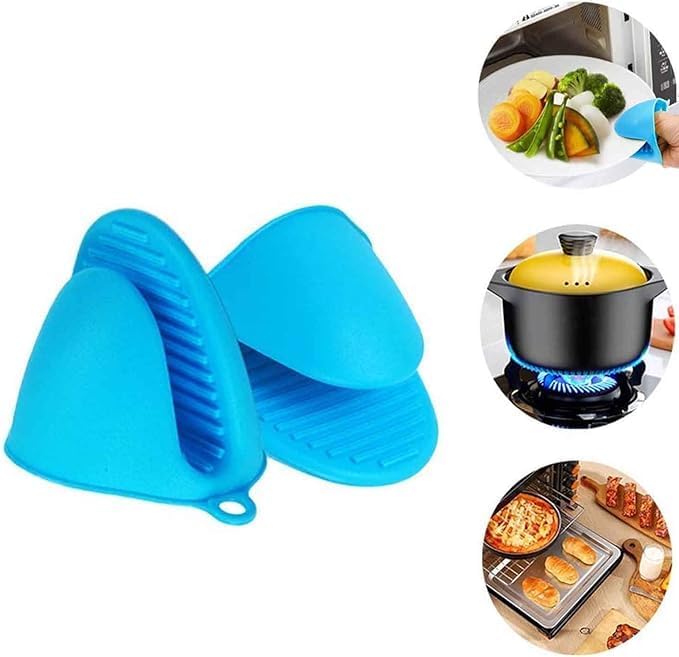 Two multicolor silicone pinch mitts for heat-resistant, non-slip kitchen protection, flexible pot holders for cooking and baking.