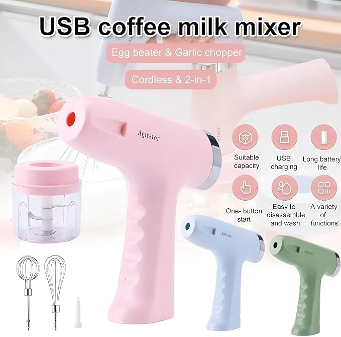 7AGAT cordless 3-in-1 electric hand mixer with garlic chopper, USB rechargeable, 250ml bowl, multi-speed, multi-color design