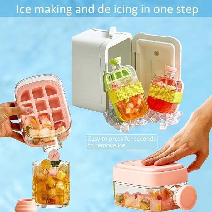 7AGAT 2-in-1 ice cube maker box with colorful storage container, built-in pouring spout, and easy-release ice molds.