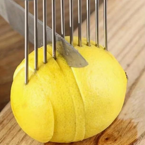 Multicolor vegetable holder slicer with stainless steel prongs, ideal for peeling, grating, and slicing in the kitchen.
