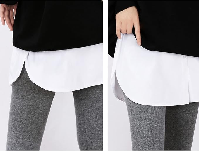 Adjustable women’s shirt extender and layered fake top with elastic waistband, polyester-cotton blend, styled with a half-length skirt.