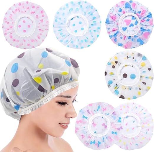 Two waterproof 7AGAT hair bonnets with assorted patterns, reusable shower caps for hair protection during showers and treatments.