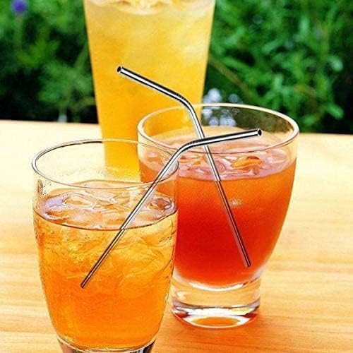 Set of 6 black stainless steel drinking straws with bent design and cleaning brush for reusable eco-friendly beverage enjoyment.