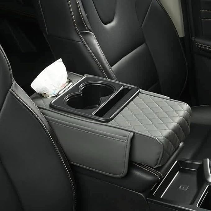 Grey leather car armrest cover organizer with padded rhombus design, two cup holders and tissue opening, 35x20x8 cm.