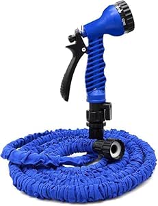 7AGAT expanding garden hose, lightweight and flexible, shown coiled and extended for easy watering and space-saving storage.
