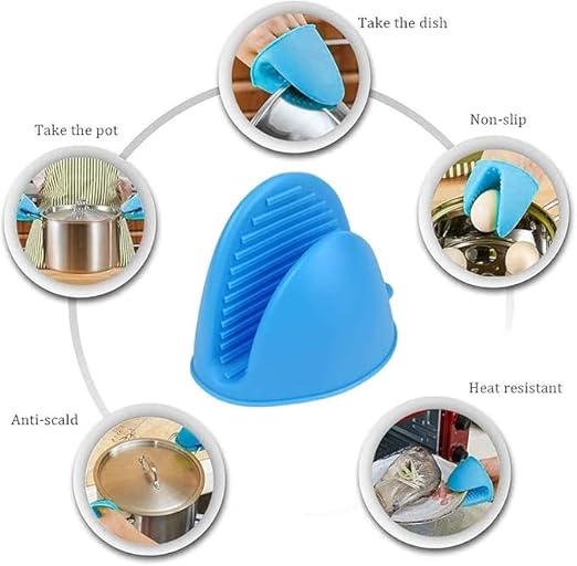 Two multicolor silicone pinch mitts with non-slip grips, heat-resistant flexible kitchen gloves for cooking and baking.