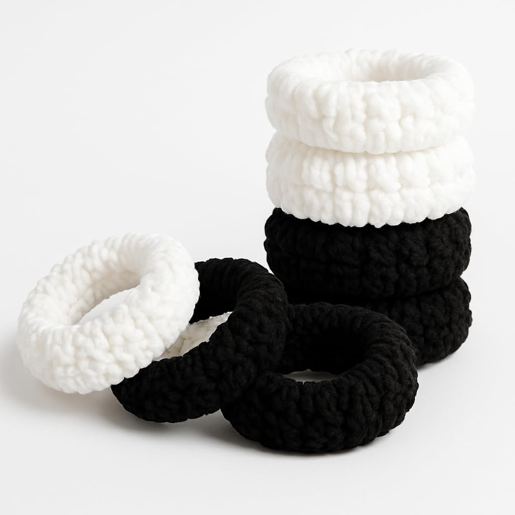 Set of 6 thick no-damage hair ties by 7AGAT, soft seamless scrunchies and elastic ponytail holders for women and girls.