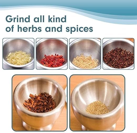 Stainless steel mortar and pestle set by 7AGAT, heavy-duty spice grinder with lid for crushing garlic, herbs, and spices in kitchen
