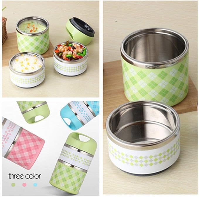 Sky blue 3-tier stainless steel insulated lunch box with checkered pattern and handle, ideal for thermal food storage.