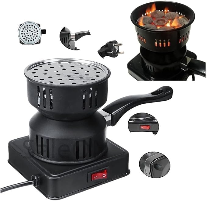 7AGAT electric charcoal burner with heat-resistant handle, 1000W metal coal starter for barbecue accessories in black