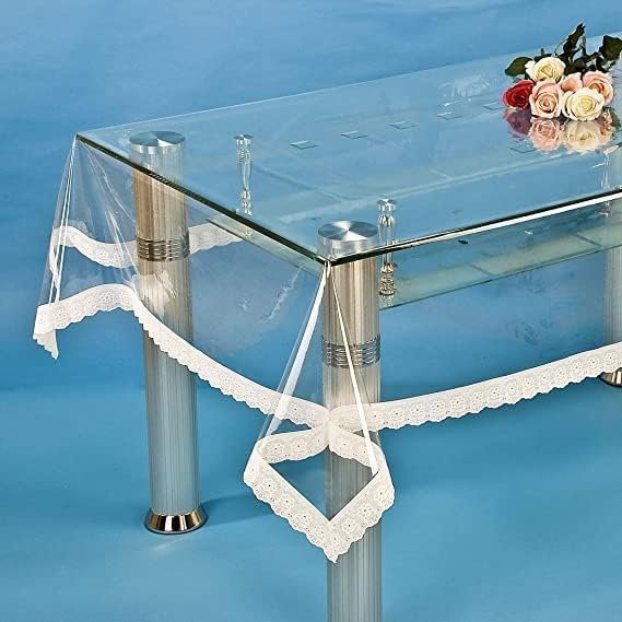 Transparent PVC table cover with lace edges by 7AGAT, waterproof and easy to clean, protects dining tables with elegant style.