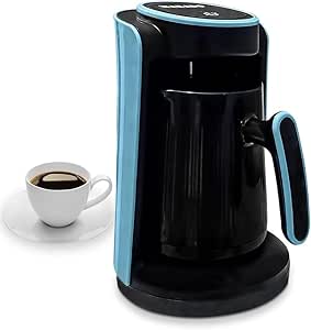 7AGAT Shopping electric Turkish coffee maker in sky blue with stainless steel heating, anti-spill sensor, 280ml capacity, auto-shutoff