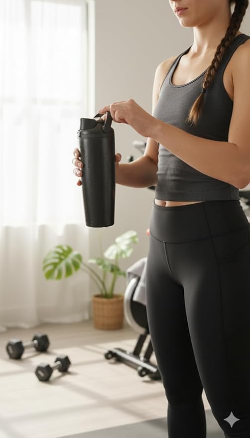 Stainless steel 900ml water bottle with carry loop, leak-proof, reusable for sports, travel, and daily hydration.