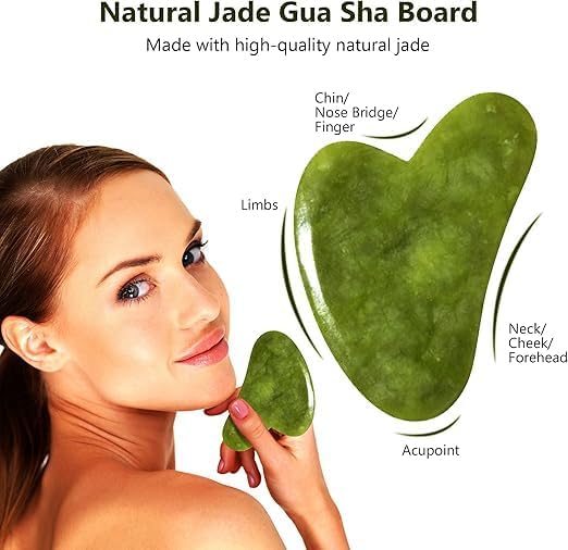Natural jade roller and Gua Sha set by 7AGAT, double-sided facial massage tools for anti-wrinkle skin care.