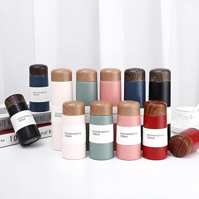 Stainless steel vacuum bottle with wood-grain lid, navy blue thermos flask, 150ml capacity, leak-proof hot and cold drink travel mug