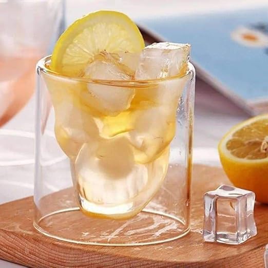 Double wall skull glass cup by 7AGAT, heat-resistant borosilicate glass for hot or cold espresso, coffee, and tea drinks.