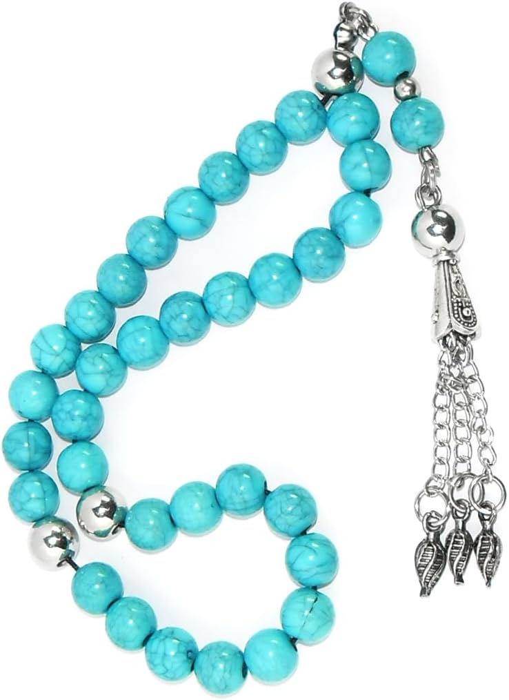 Handmade rosary with fayrouz clerk beads and metal separators, perfect for meditation and positivity, displayed in a gift bag.