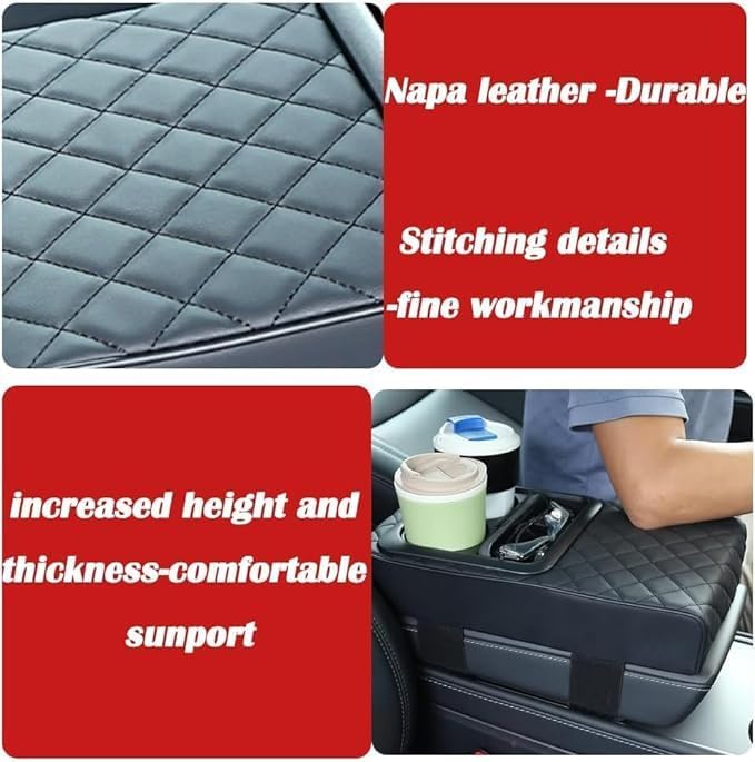 Grey leather car armrest cover organiser with padded rhombus design, 2 cup holders and tissue opening, 35x20x8 cm.