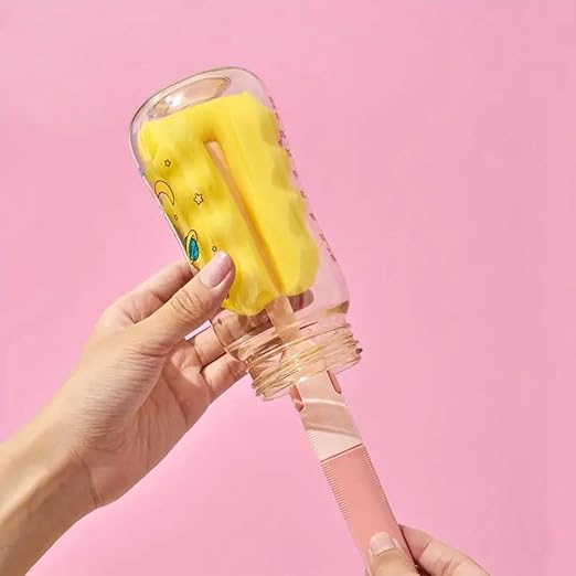 7AGAT 6-piece baby bottle cleaning brush set with straw cleaner, sponge, and bristle brushes in pink and yellow colors