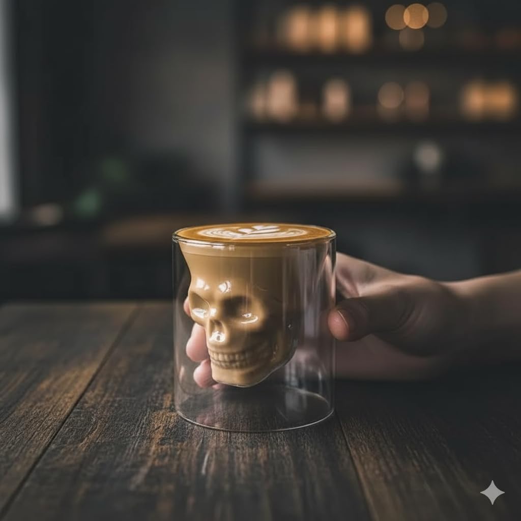Double wall skull-shaped glass cup by 7AGAT, heat-resistant borosilicate, ideal for hot or cold espresso, coffee, and tea.