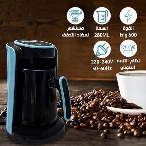 Sky blue 7AGAT Shopping electric Turkish coffee maker with 600W power, stainless steel heating, anti-spill sensor, 280ml capacity.