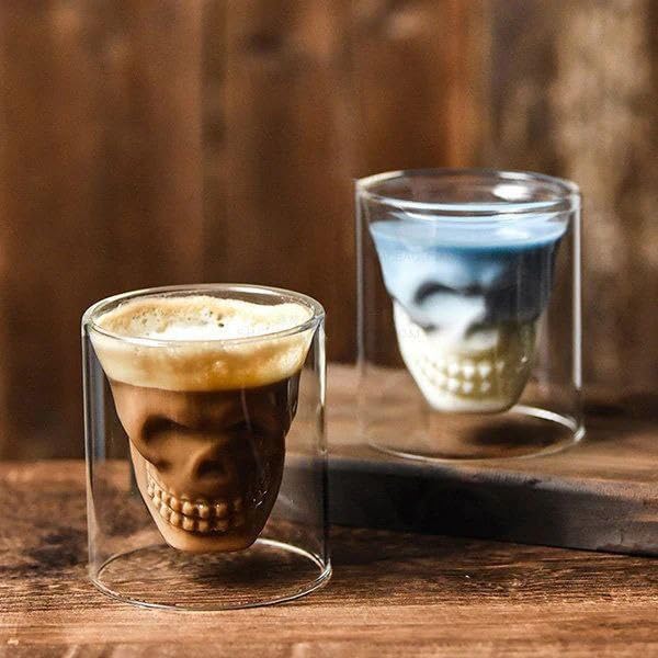 Double wall skull-shaped glass cup by 7AGAT, heat-resistant borosilicate for hot or cold espresso, coffee, or tea.