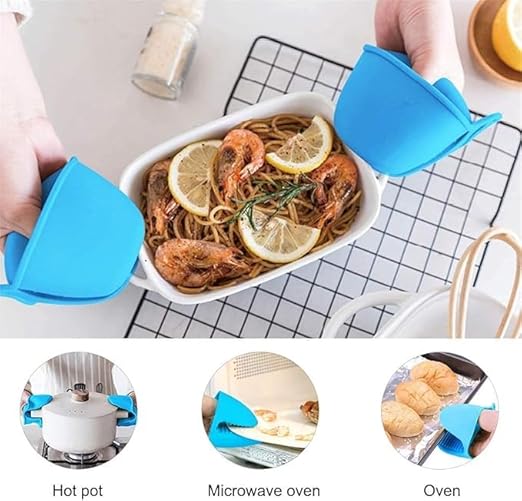 Two multicolor silicone pinch mitts from 7AGAT, heat-resistant non-slip kitchen gloves for cooking and baking.