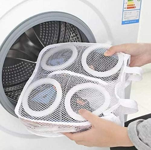 White mesh laundry bag for shoes with zipper closure and straps, designed to protect shoes and washing machine during laundry.