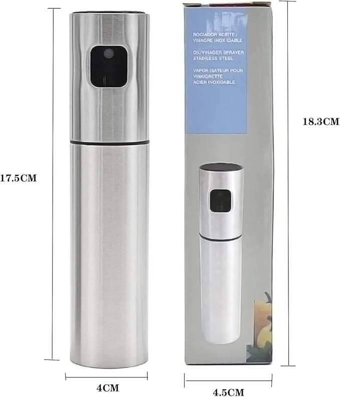 7AGAT stainless steel and plastic oil spray bottle with fine mist for cooking, grilling, baking, and air frying.